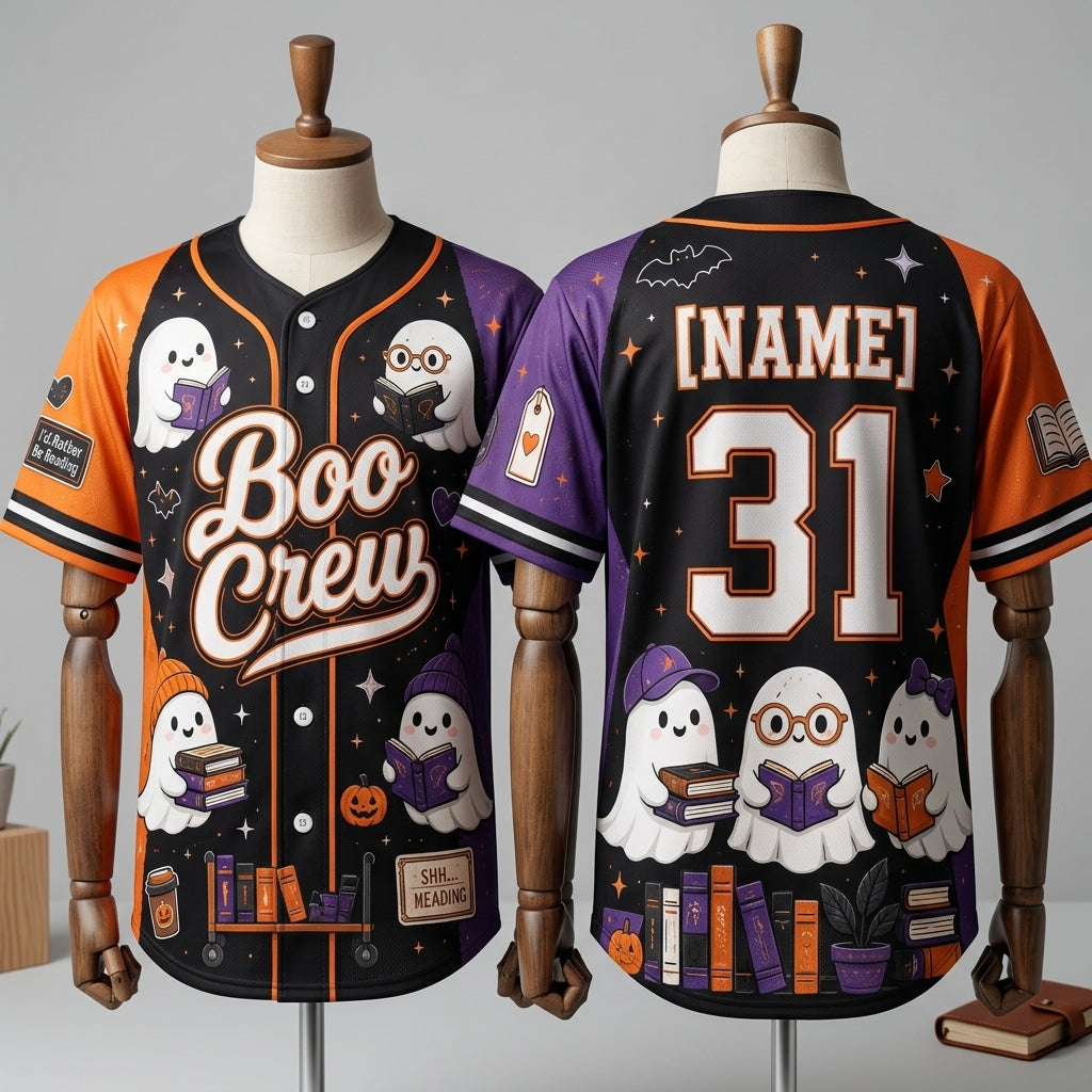 Personalized Boo Crew Halloween Baseball Jersey - Custom Name Ghost Reader Book Lover Spooky Season Apparel