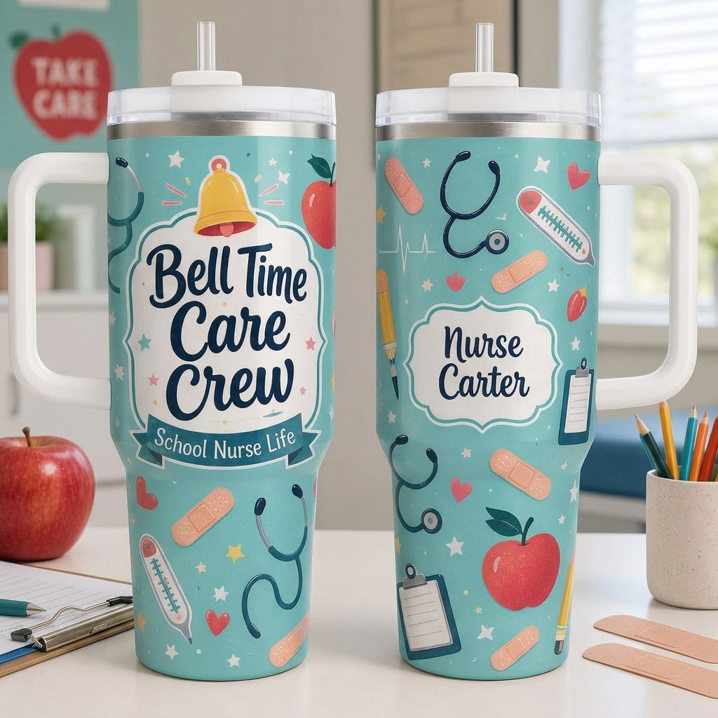 Personalized School Nurse 40oz Tumbler with Handle - Custom Bell Time Care Crew Gift