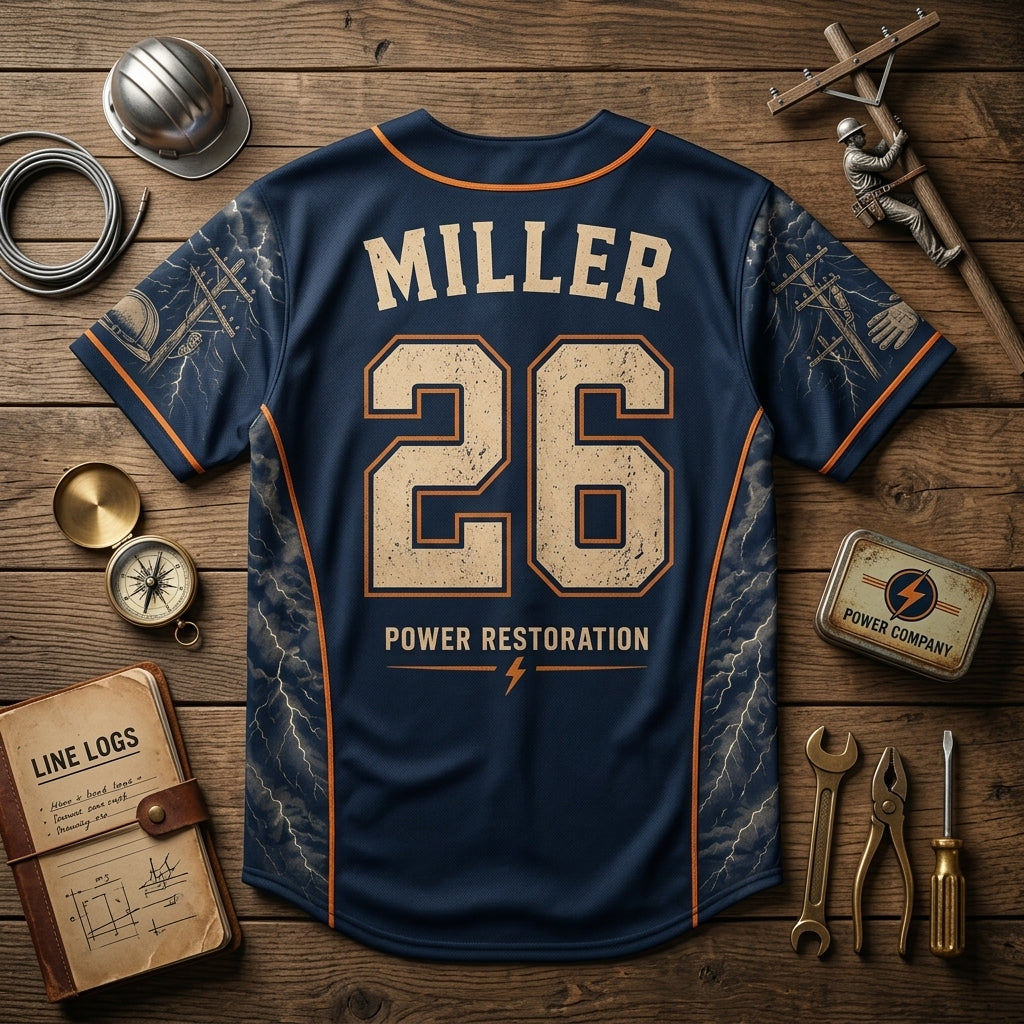 Personalized Lineman Storm Crew Baseball Jersey - Custom Name and Number Power Restoration Graphic Shirt product view 5