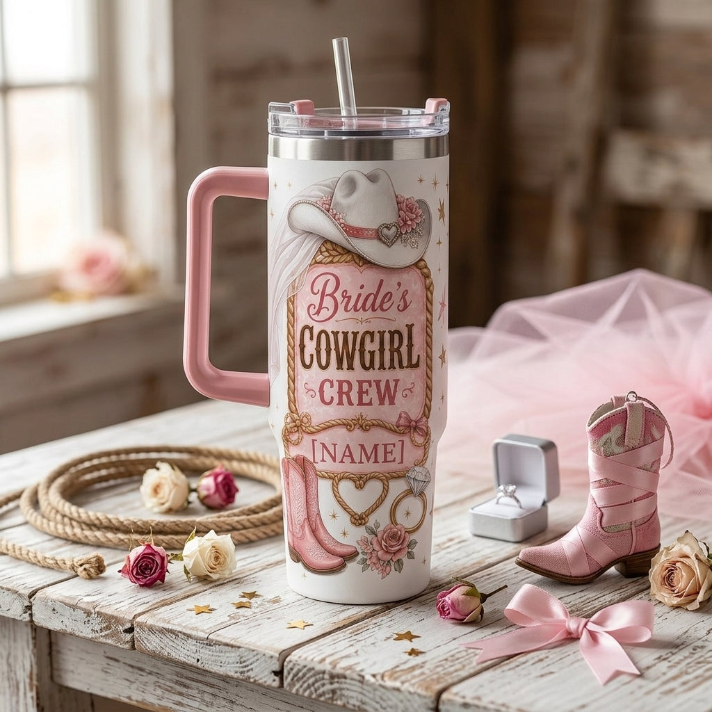Personalized Bride's Cowgirl Crew 40oz Tumbler with Handle - Custom Western Bachelorette Gift