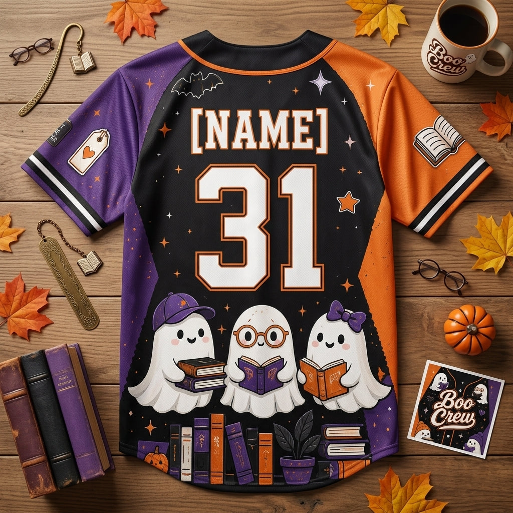 Personalized Boo Crew Halloween Baseball Jersey - Custom Name Ghost Reader Book Lover Spooky Season Apparel