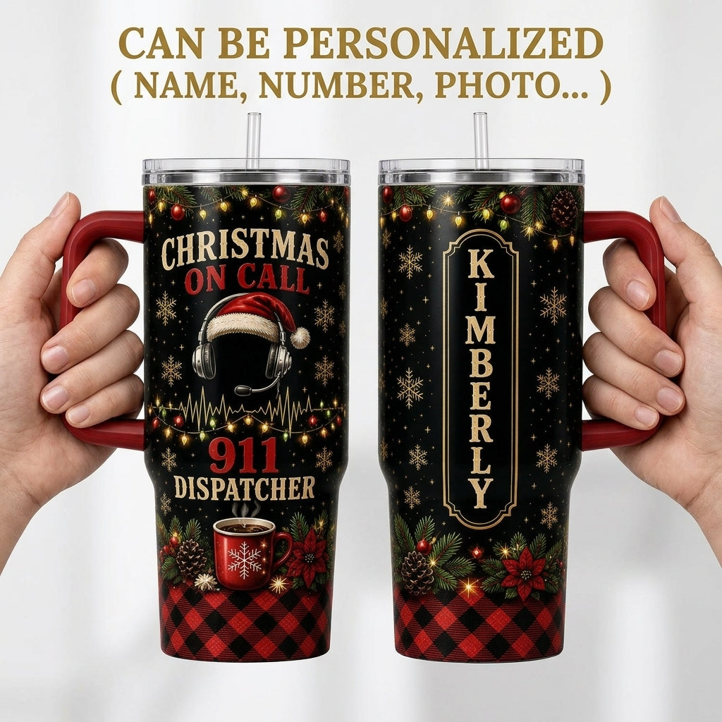 Personalized 911 Dispatcher Christmas 40oz Tumbler with Handle, Custom Name Holiday Gift