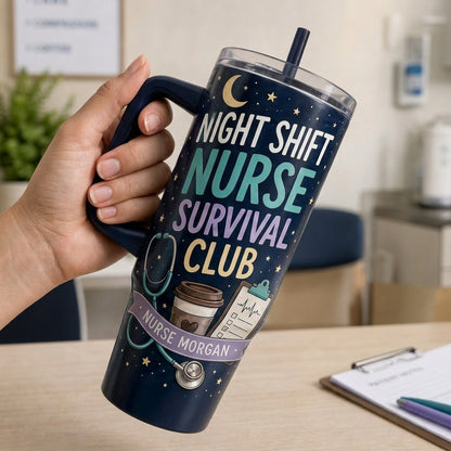 Personalized Night Shift Nurse Survival Club 40oz Tumbler with Handle - Custom Name 7PM-7AM Crew Gift