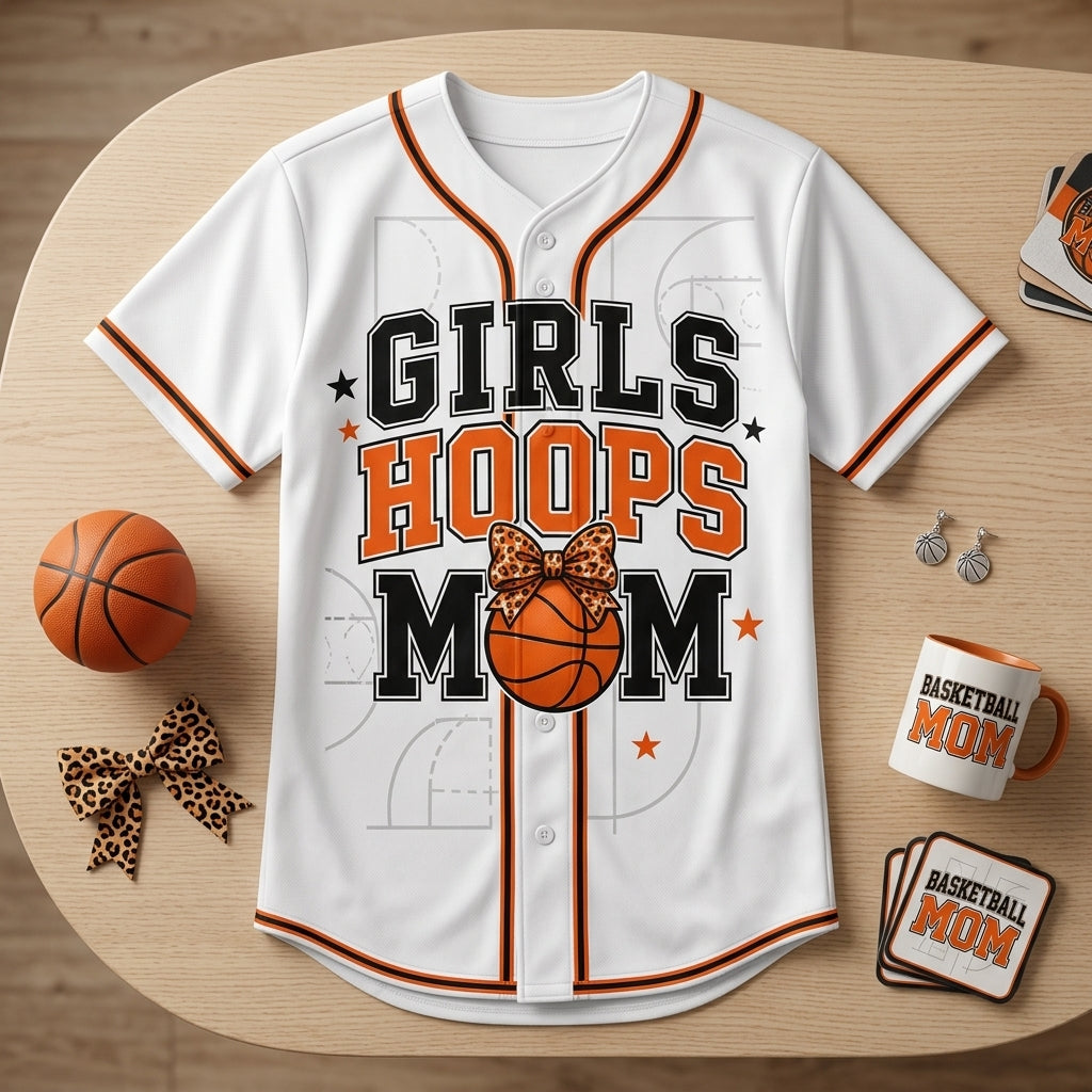 Personalized Girls Hoops Mom Baseball Jersey - Custom Name and Number Basketball Fan Gear