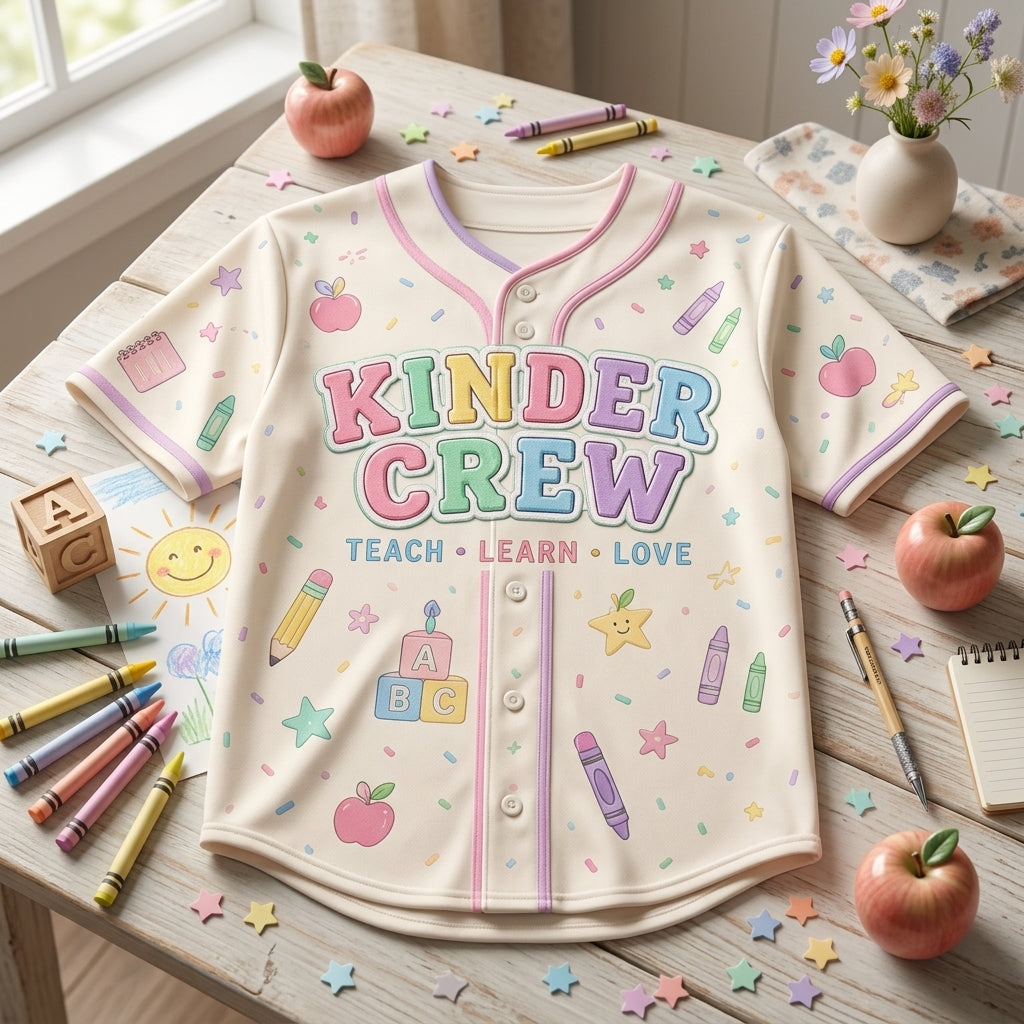 Personalized Kinder Crew Baseball Jersey - Custom Name Kindergarten Teacher Shirt - Pastel Back to School Gift