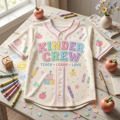 Personalized Kinder Crew Baseball Jersey - Custom Name Kindergarten Teacher Shirt - Pastel Back to School Gift