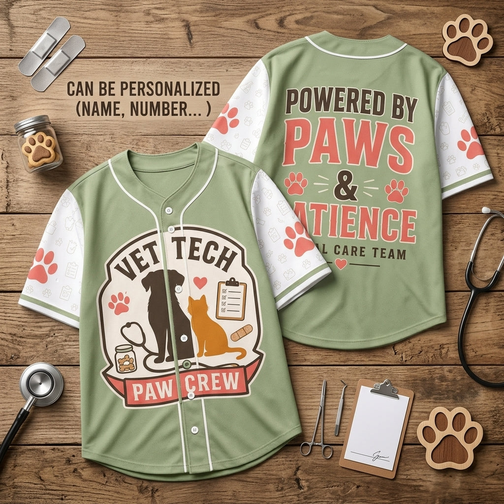 Personalized Vet Tech Paw Crew Baseball Jersey - Animal Care Team Powered by Paws & Patience