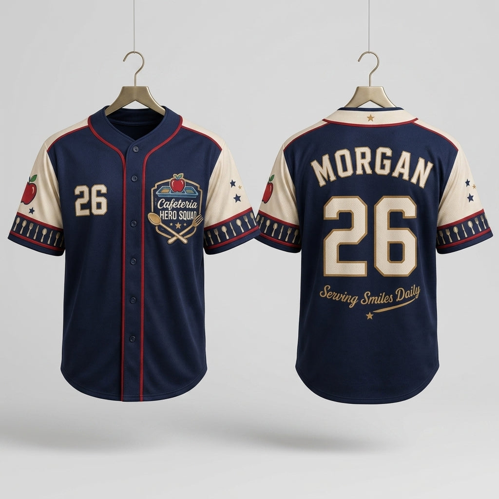 Personalized Cafeteria Hero Squad Baseball Jersey - Custom Name and Number School Staff Gift