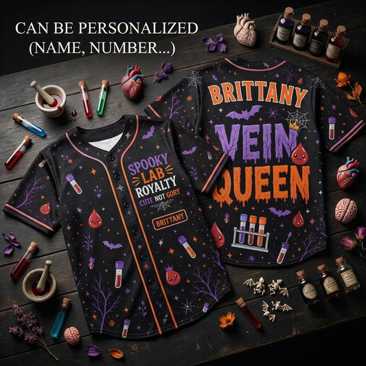 Personalized Vein Queen Baseball Jersey - Spooky Lab Royalty Phlebotomist Halloween Costume