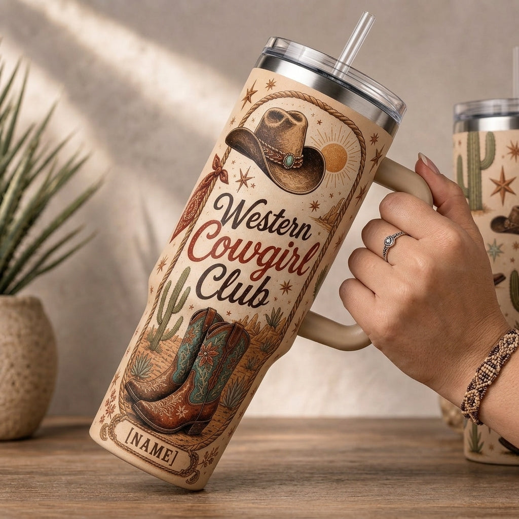 Personalized Western Cowgirl Club 40oz Tumbler with Handle - Custom Name Desert Boots & Hat Gift