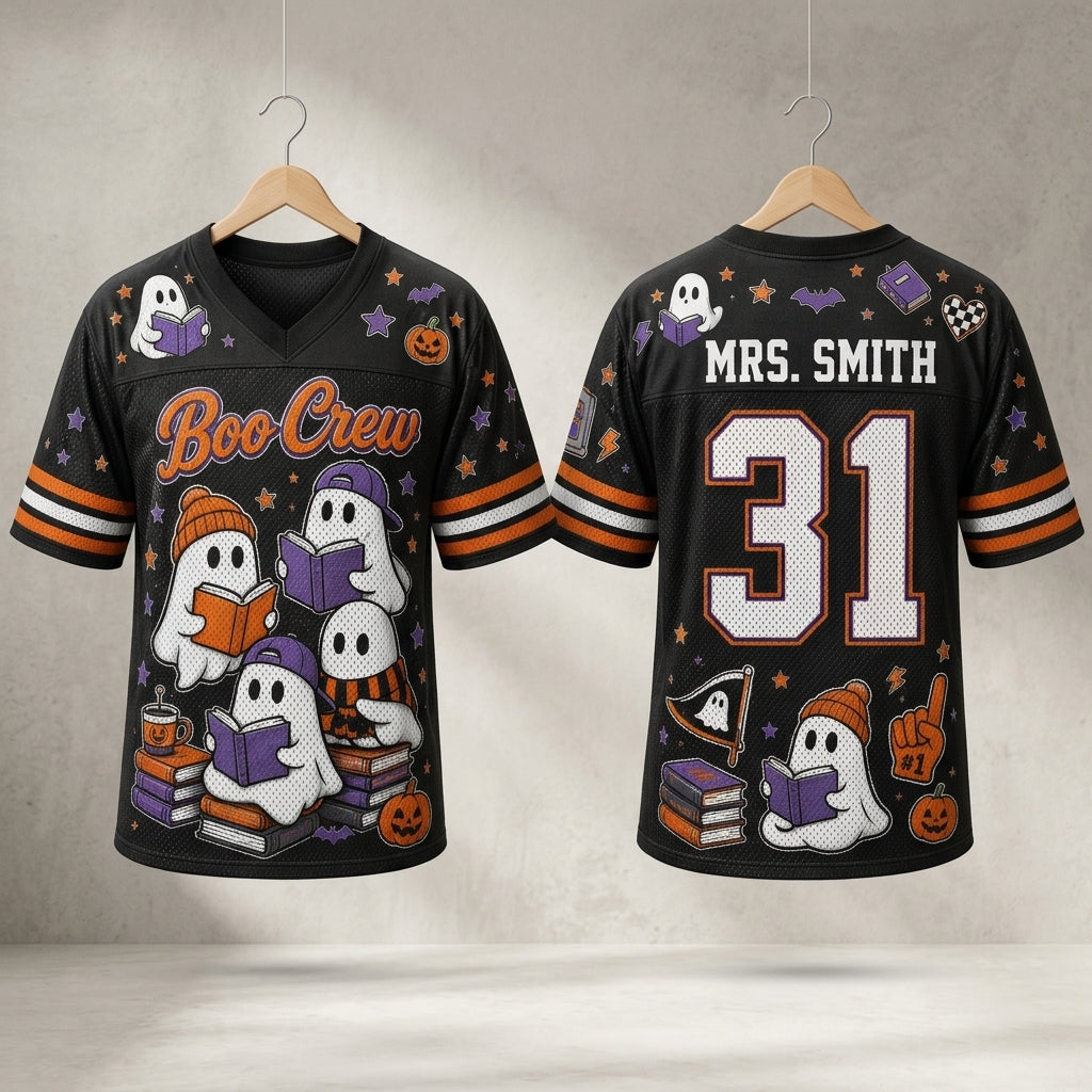 Personalized Boo Crew Halloween Teacher Football Jersey - Custom Ghost Reading Jersey for Librarians
