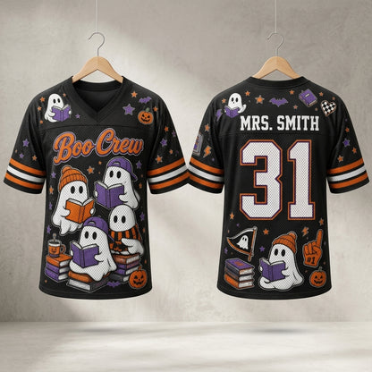 Personalized Boo Crew Halloween Teacher Football Jersey - Custom Ghost Reading Jersey for Librarians