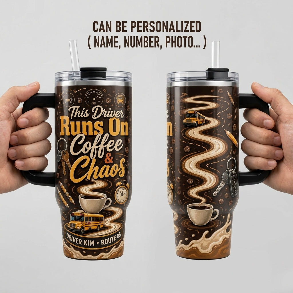 Personalized School Bus Driver 40oz Tumbler with Handle - Custom Name Coffee and Chaos Travel Mug