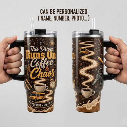 Personalized School Bus Driver 40oz Tumbler with Handle - Custom Name Coffee and Chaos Travel Mug
