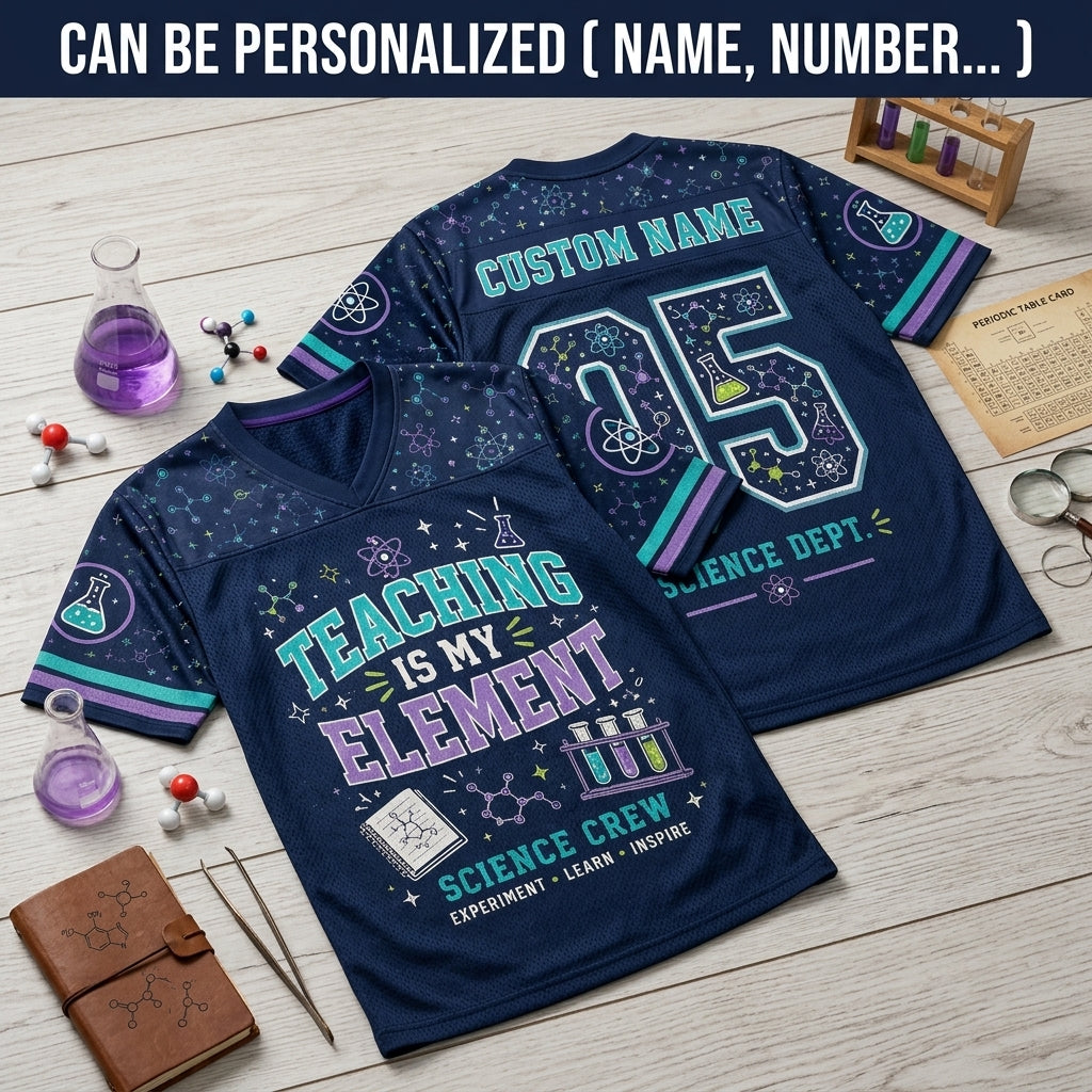 Personalized Science Teacher Football Jersey - Custom Name Science Crew Navy Hybrid Mesh Sports Shirt