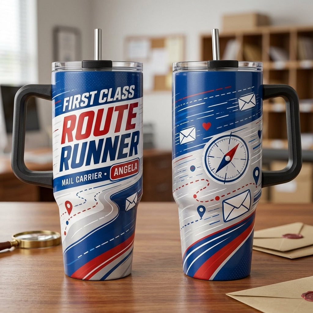 Personalized First Class Route Runner Mail Carrier 40oz Tumbler with Handle - Custom Postal Worker Gift