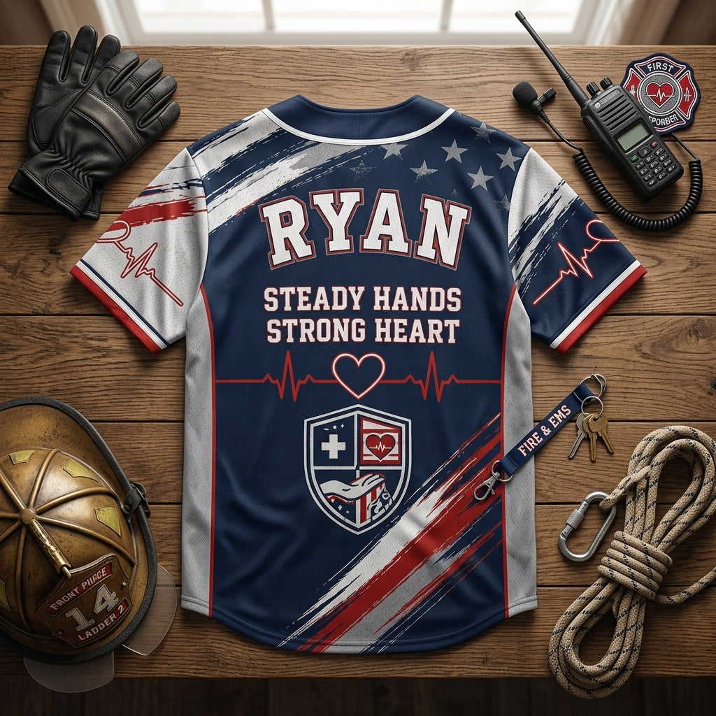 Personalized First Responder Baseball Jersey - Custom Name Steady Hands Strong Heart Patriotic EMS Sportswear