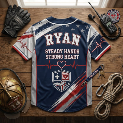 Personalized First Responder Baseball Jersey - Custom Name Steady Hands Strong Heart Patriotic EMS Sportswear