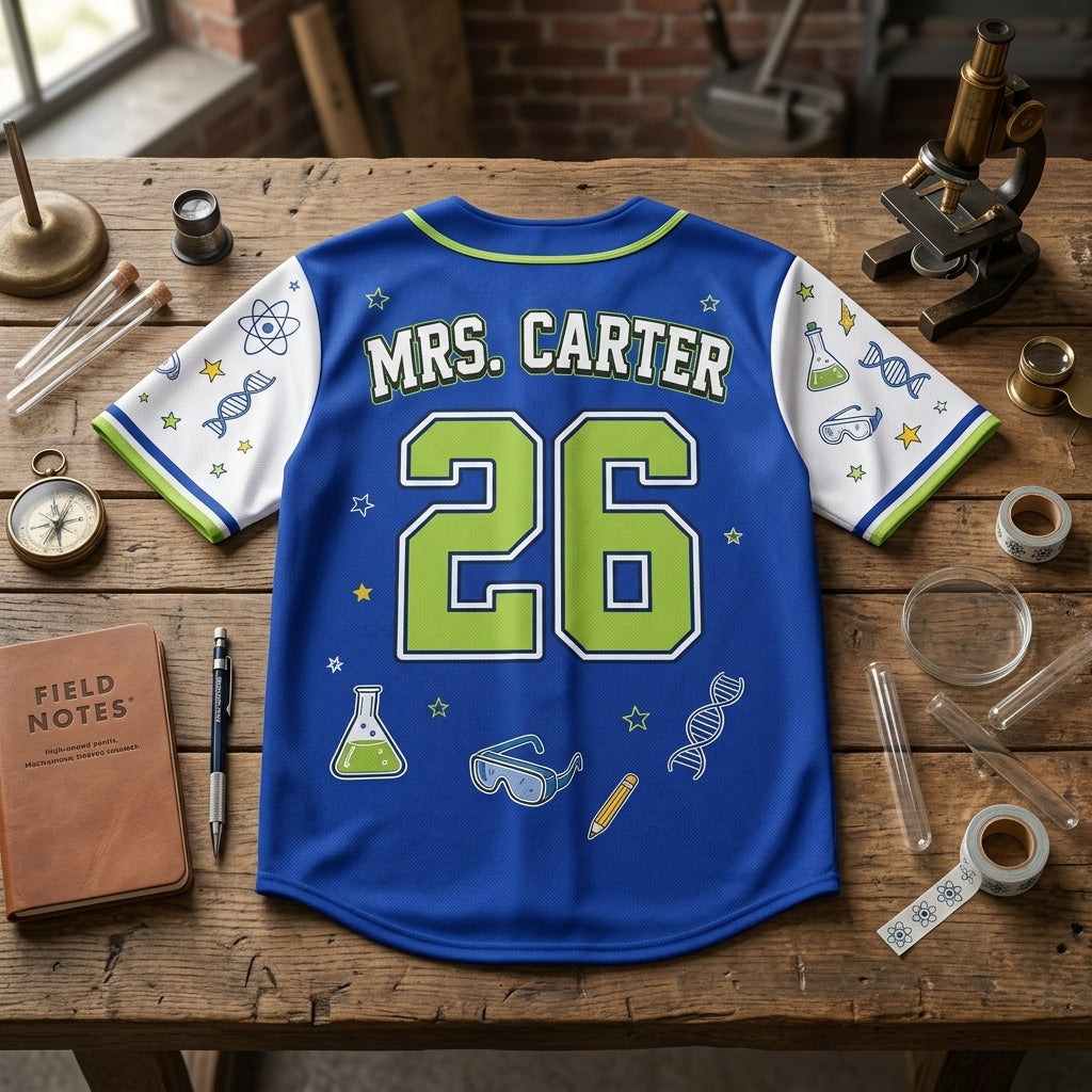 Personalized Science Teacher Baseball Jersey - Custom Name and Number Lab Squad STEM Gift