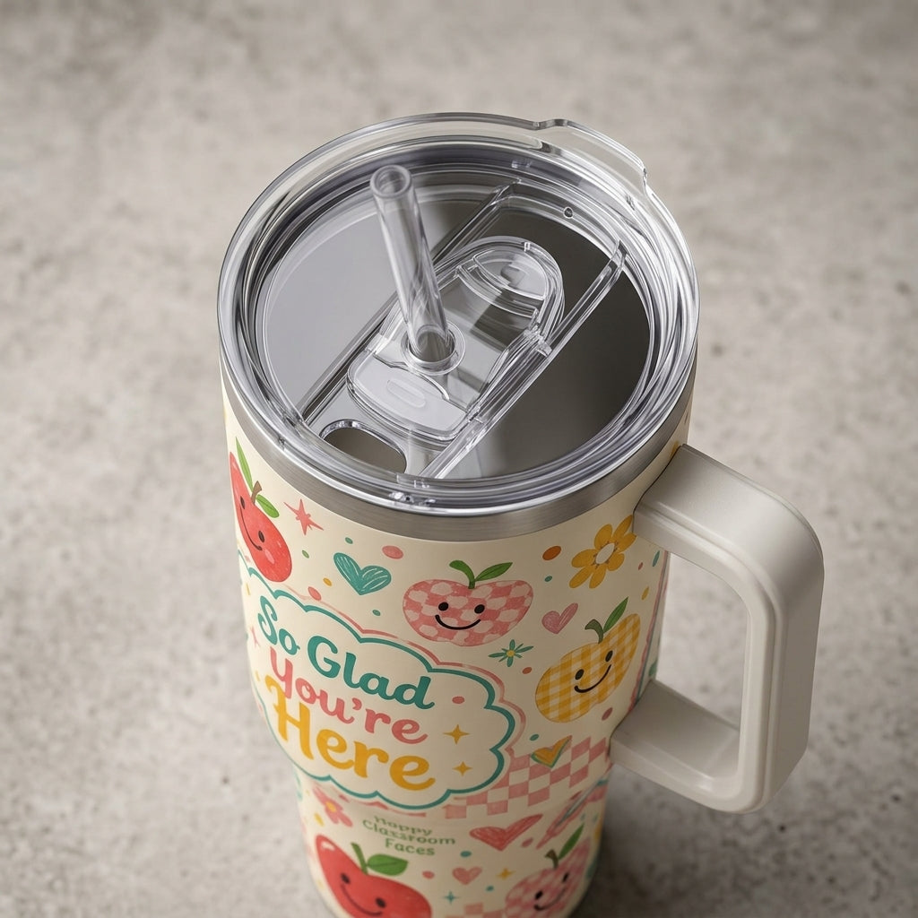 Personalized Teacher Tumbler 40oz with Handle - So Glad You're Here Custom Name Apple Gift