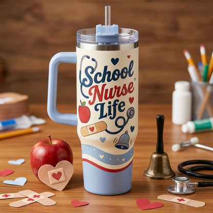 Personalized School Nurse Life 40oz Tumbler with Handle - Custom Name Nurse Gift with Stethoscope & Apple Design