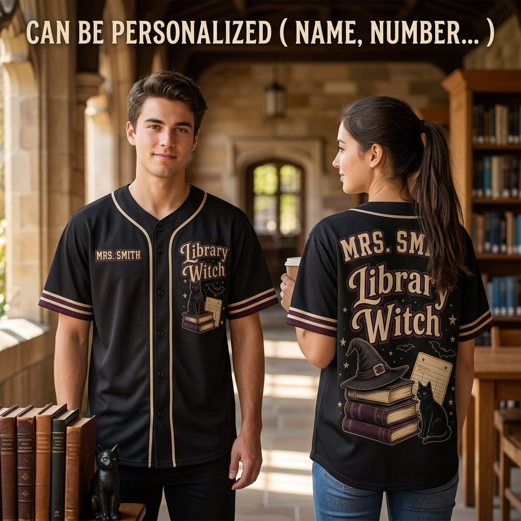 Personalized Library Witch Baseball Jersey - Custom Name Gift for Librarians & Book Lovers