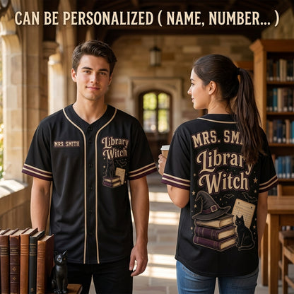 Personalized Library Witch Baseball Jersey - Custom Name Gift for Librarians & Book Lovers