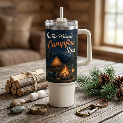 Personalized Campfire Sips 40oz Tumbler with Handle - Custom Family Name Camp Crew Gift