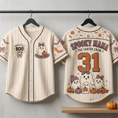 Personalized Spooky Mama Halloween Baseball Jersey - Custom Family Name Boo Crew Ghost Shirt