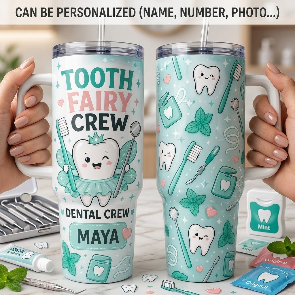 Personalized Tooth Fairy Crew 40oz Tumbler with Handle - Custom Dental Hygienist & Dentist Gift