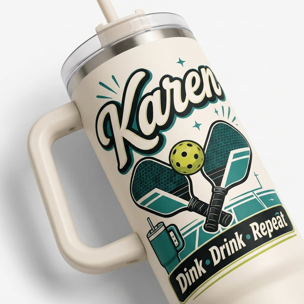 Personalized Pickleball Life 40oz Tumbler with Handle, Custom Name Court Crew Gift for Pickleball Players