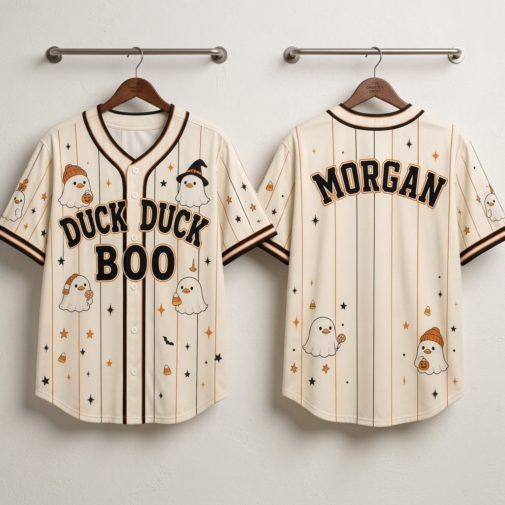 Personalized Duck Duck Boo Halloween Baseball Jersey - Custom Name Cute Ghost Duck Pinstripe Sporty Outfit