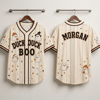 Personalized Duck Duck Boo Halloween Baseball Jersey - Custom Name Cute Ghost Duck Pinstripe Sporty Outfit