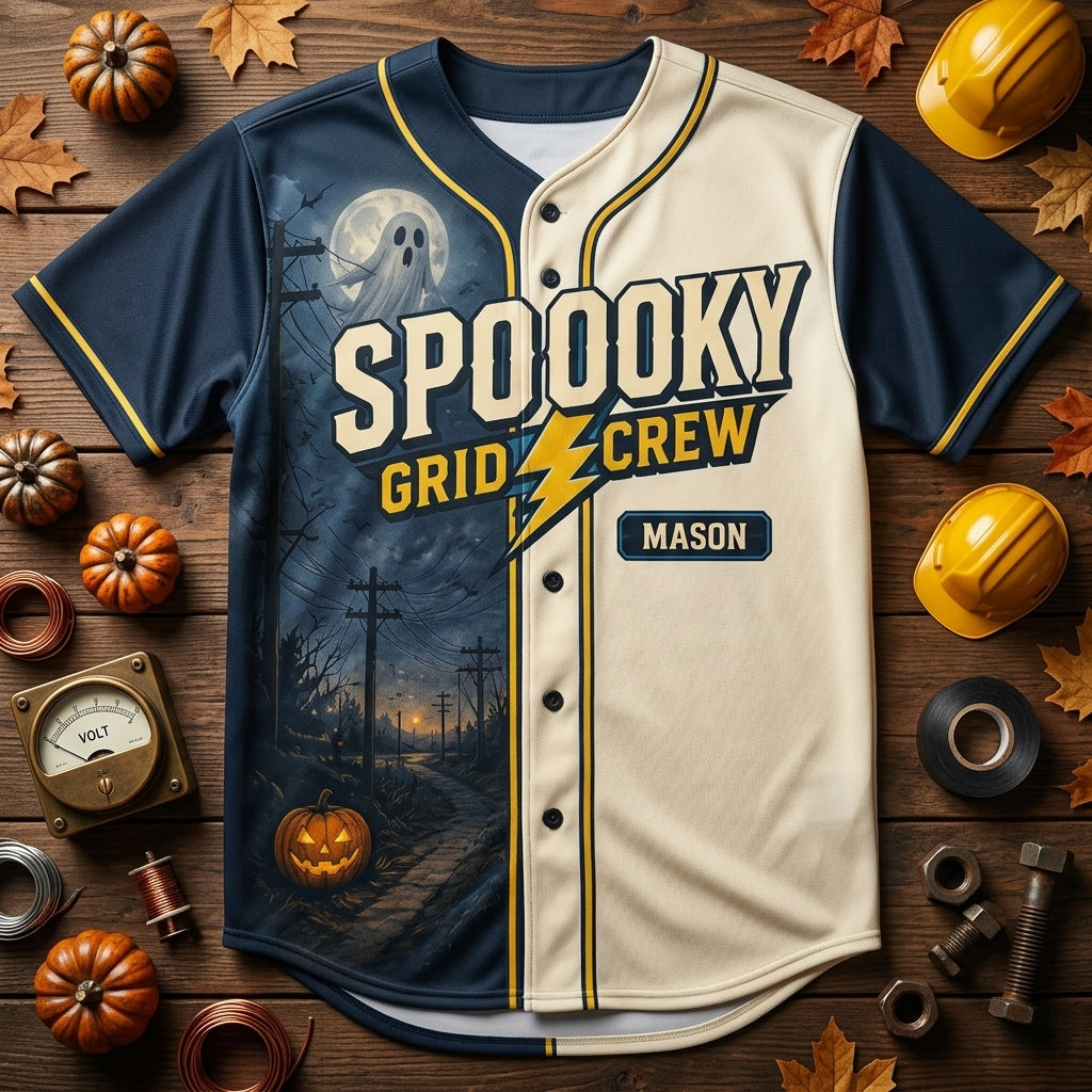 Personalized Spooky Grid Crew Baseball Jersey - Custom Name Powerline Worker Halloween Utility Lineman Gift