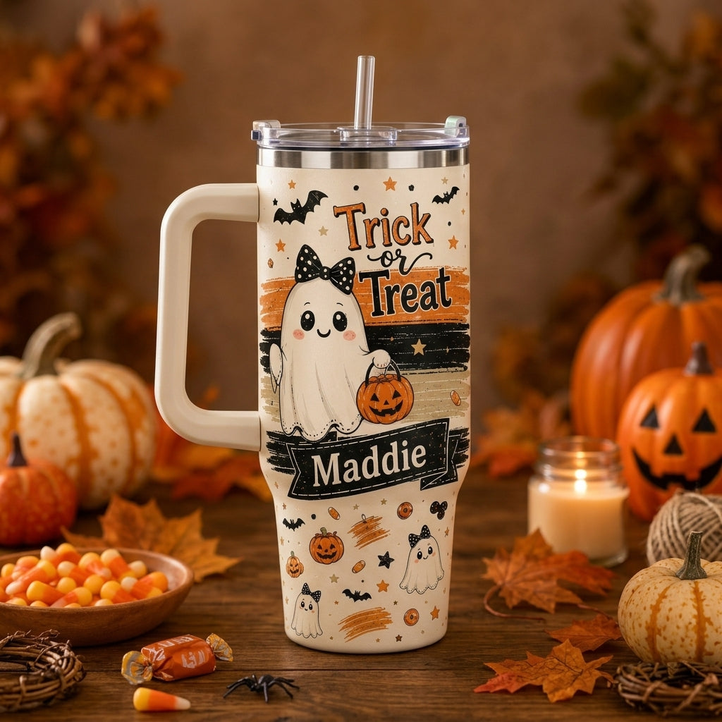 Personalized Halloween Ghost Trick or Treat 40oz Tumbler with Handle - Custom Name Gift