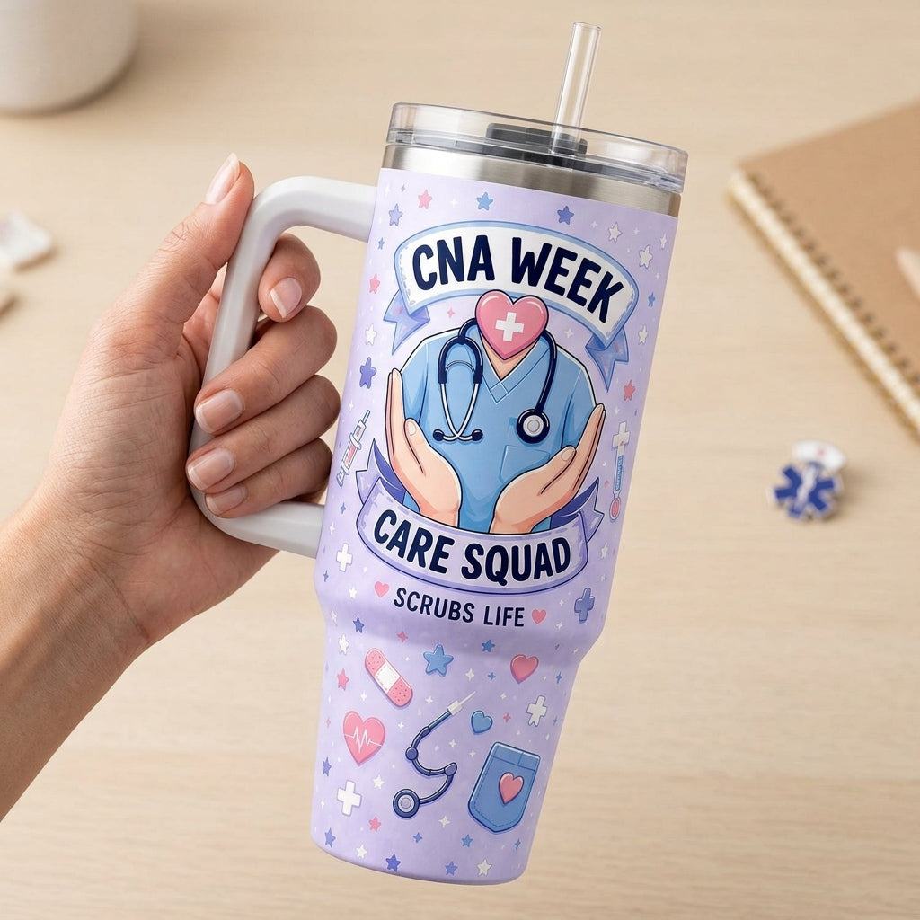 Personalized CNA Week Care Squad 40oz Tumbler with Handle - Custom Name Nurse Appreciation Gift Scrubs Life