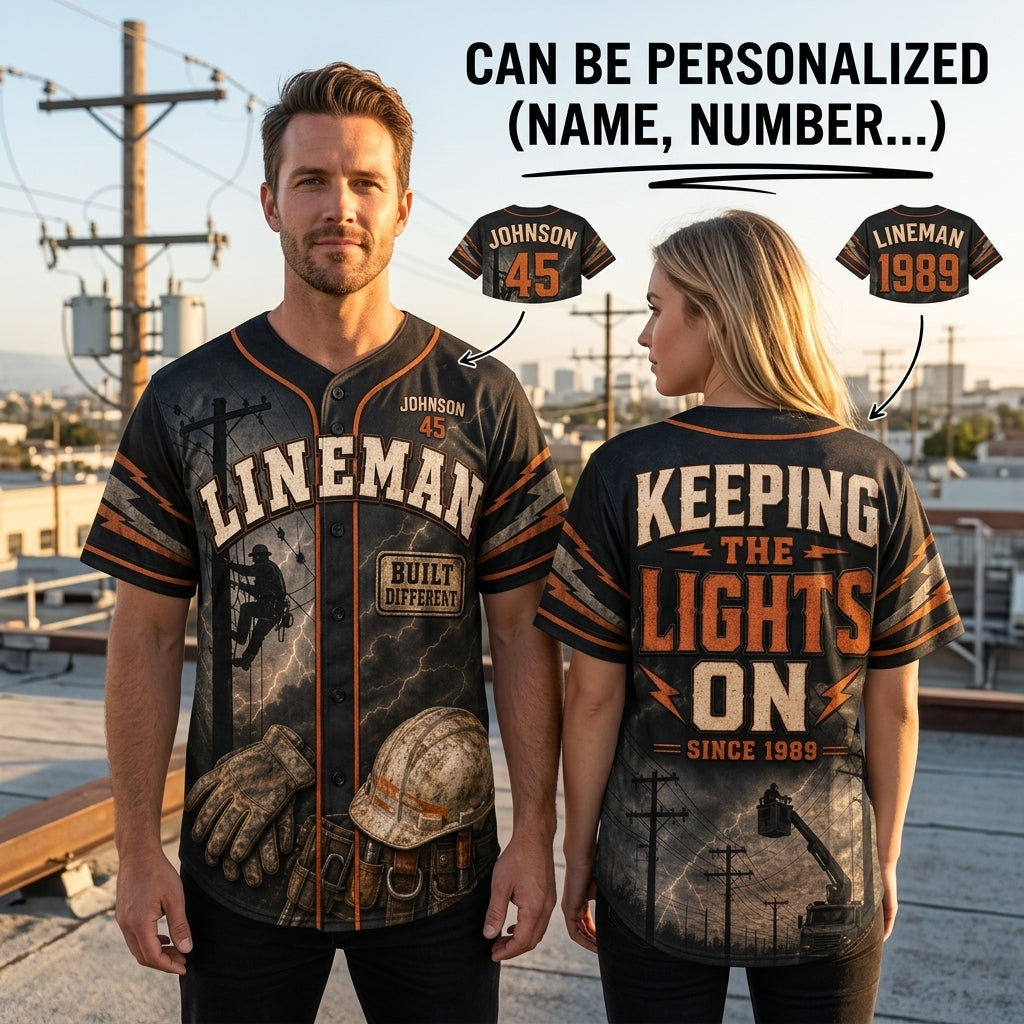 Personalized Lineman Baseball Jersey - Custom Power Line Worker Shirt - Keeping The Lights On Gift for Utility Workers