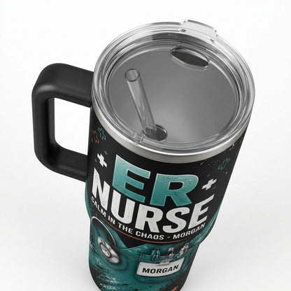 Personalized ER Nurse 40oz Tumbler with Handle - Custom Name Calm In The Chaos Medical Gift
