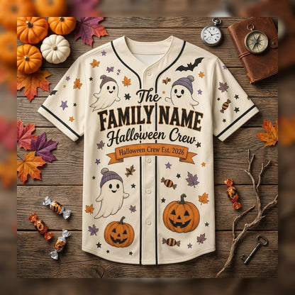 Personalized Family Name Halloween Crew Baseball Jersey - Custom Ghost and Pumpkin Spooky Season Matching Shirt