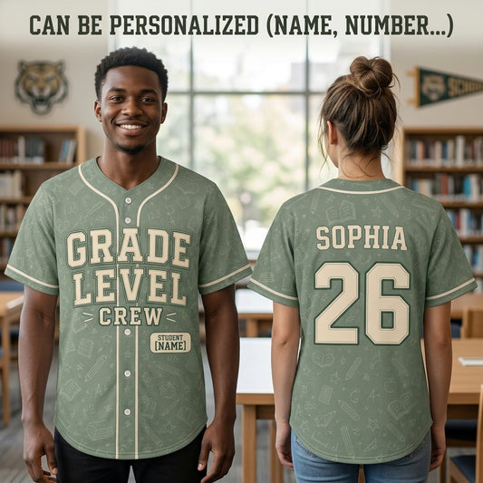 Personalized Grade Level Crew Baseball Jersey - Custom Teacher School Spirit Shirt with Name and Number - Sage Green