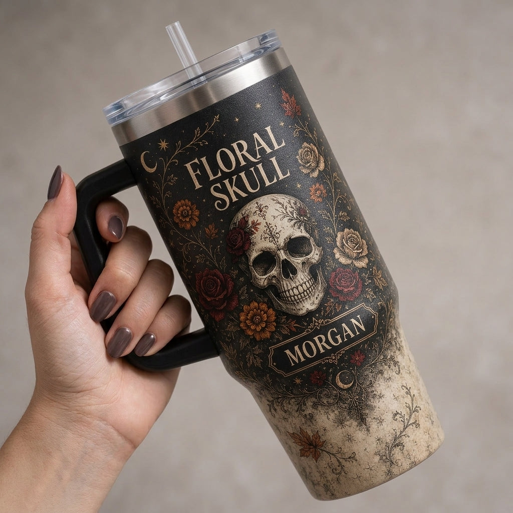 Personalized Floral Skull 40oz Tumbler with Handle, Gothic Rose & Moon Design Custom Name Gift
