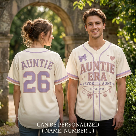 Personalized Auntie Era Baseball Jersey - Custom Favorite Aunt Since Year Shirt - Rose Gold and Lavender Gift