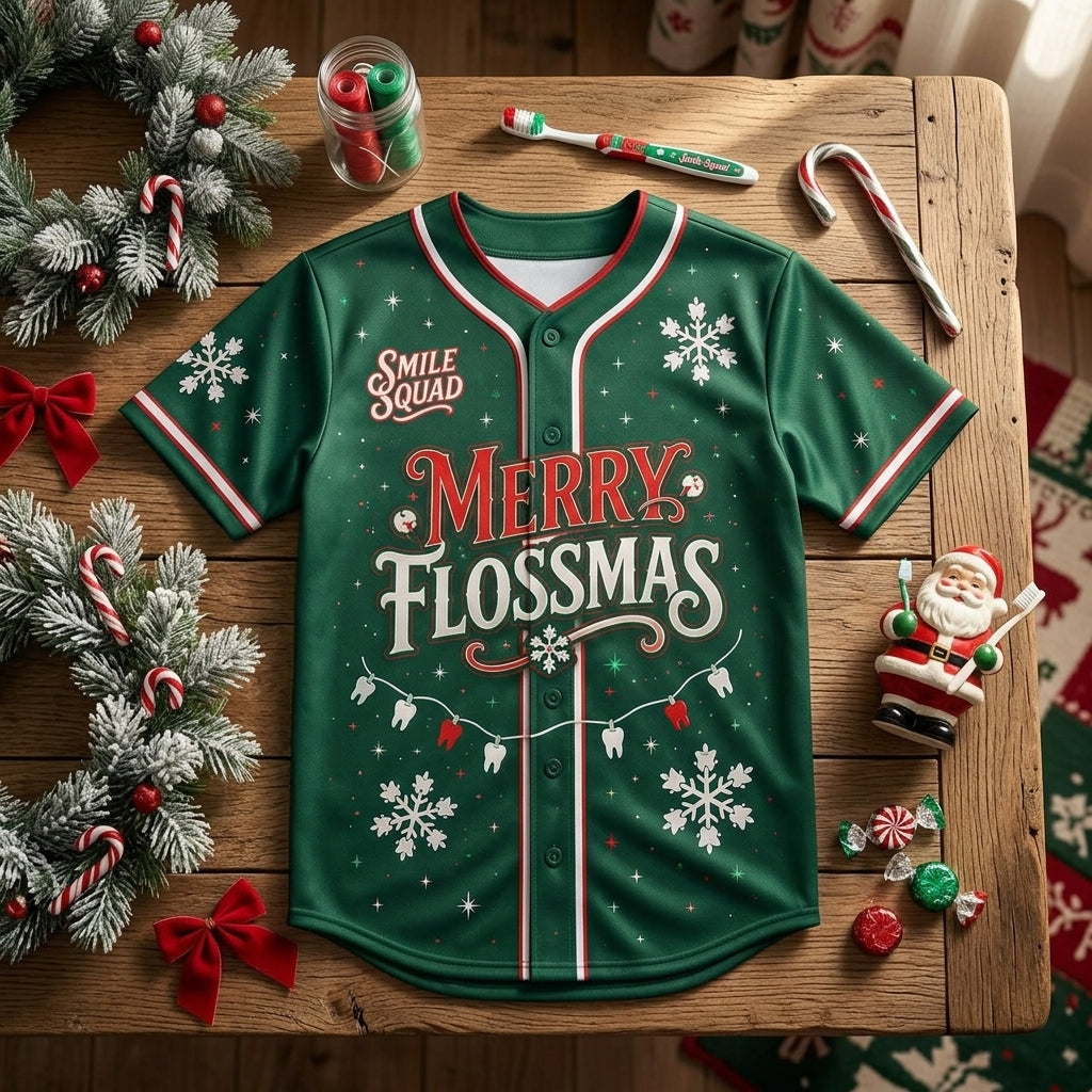 Personalized Merry Flossmas Baseball Jersey - Custom Name Dental Smile Squad Holiday Shirt for Dentists & Hygienists