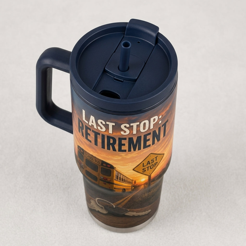 Personalized School Bus Driver Retirement Gift - One Last Route 40oz Tumbler with Handle
