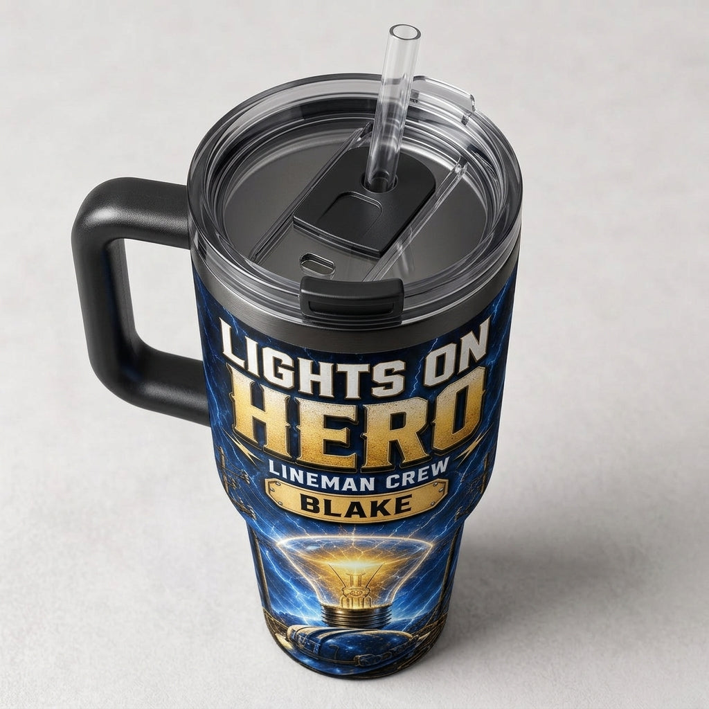 Personalized Lineman Hero 40oz Tumbler with Handle - Custom Name Gift for Electrician & Utility Crew