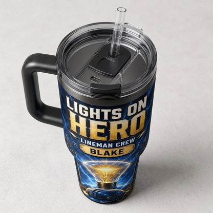 Personalized Lineman Hero 40oz Tumbler with Handle - Custom Name Gift for Electrician & Utility Crew