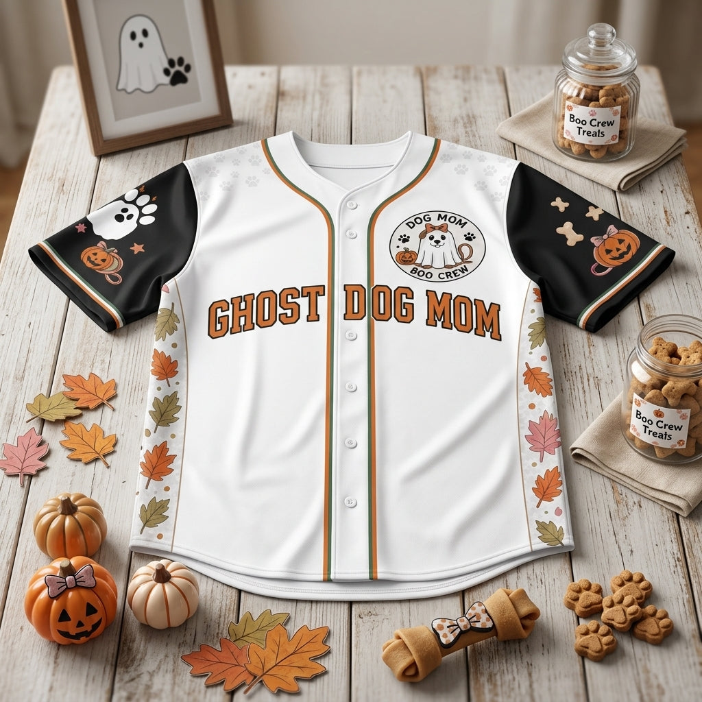 Personalized Ghost Dog Mom Halloween Baseball Jersey - Custom Name & Number My Dog Is My Boo Shirt
