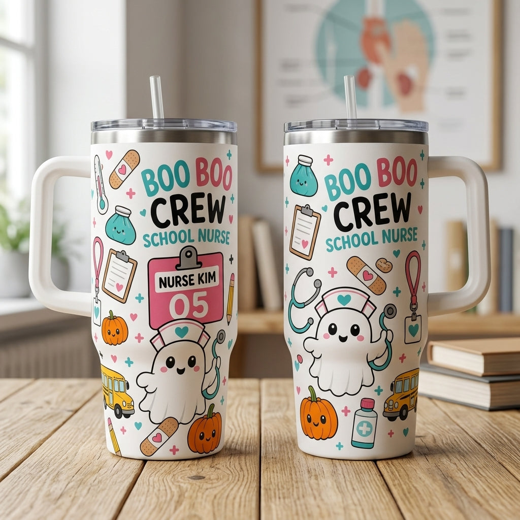 Personalized Boo Boo Crew School Nurse 40oz Tumbler with Handle, Cute Ghost Halloween Medical Gift for Pediatric Nurses