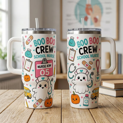 Personalized Boo Boo Crew School Nurse 40oz Tumbler with Handle, Cute Ghost Halloween Medical Gift for Pediatric Nurses