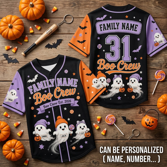 Personalized Family Name Boo Crew Halloween Baseball Jersey - Custom Ghost Family Matching Outfit